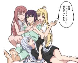  4girls absurdres arms_around_neck ayatsumugi_roka barefoot black_shirt blonde_hair blue_eyes cho_kaguya-hime! closed_eyes commentary_request fushi_(cho_kaguya-hime!) green_eyes harem highres hug hug_from_behind kaguya_(cho_kaguya-hime!) long_shirt mole mole_under_eye multicolored_eyes multiple_girls niratama_anmitu pink_hair purple_hair red_eyes runami_yachiyo sakayori_iroha shirt simple_background sitting sleeveless translation_request violet_eyes white_background white_hair white_shirt yuri 