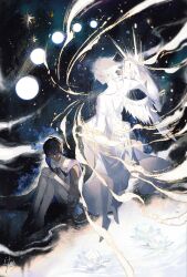  2boys absurdres arjuna_(fate) black_hair blue_cape cape fate/grand_order fate_(series) floating flower highres holding holding_lantern karna_(fate) lantern long_sleeves lotus multiple_boys pants ripples robe shore short_hair sitting sqloveraven white_hair white_pants white_robe wings 