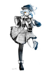  1girl :d ;d asymmetrical_legwear bird_hat_ornament black_hat black_pantyhose black_shoes blue_hair bow bowtie braid braided_hair_rings capelet collared_shirt deerstalker footwear_ribbon frilled_skirt frilled_socks frills full_body hair_bow hair_rings hat hat_bow highres holding holding_magnifying_glass hoyama_hoya layered_skirt long_sleeves looking_at_viewer magnifying_glass mahou_shoujo_no_majo_saiban necktie one_eye_closed open_mouth pantyhose plaid_clothes plaid_skirt ribbon shirt shoes short_hair simple_background single_leg_pantyhose skirt smile socks solo tachibana_sherry vest white_background white_ribbon white_socks yellow_eyes 