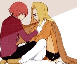  2boys asymmetrical_bangs black_eyeliner black_nails black_pants blonde_hair blue_eyes brown_suit chain chain_necklace closed_mouth coat deidara_(naruto) expressionless eyeliner formal_clothes gloves gold_chain hand_on_another's_head implied_yaoi jewelry long_hair looking_at_viewer makeup multiple_boys naruto_(series) naruto_shippuuden necklace official_alternate_costume pants red_eyes red_hair sasori_(naruto) short_hair sitting striped_suit suit sumesioisiine white_gloves white_pants 