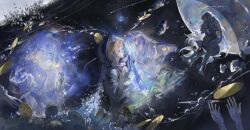  2girls absurdres blonde_hair blue_hair bug butterfly chinese_commentary commentary_request earth_(planet) helmet highres hug kiperina looking_at_another luori_dianxin making-of_available multiple_girls multiple_views orbital_path planet reverse:1999 space space_helmet spacesuit voyager_(reverse:1999) voyager_golden_record 