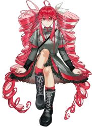  1girl absurdly_long_hair ahoge boots buttons double-breasted drill_hair frilled_skirt frills grey_jacket grey_skirt hair_between_eyes highres invisible_chair jacket kasane_teto kasane_teto_(sv) lace-up_boots long_hair long_sleeves looking_at_viewer red_eyes red_hair red_nails red_socks red_trim ribbon shoulder_belt shoulder_boards sitting skirt sleeve_cuffs socks solo striped_clothes striped_jacket synthesizer_v terusuzuzu twin_drills utau very_long_hair white_ribbon 