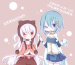  2girls armband belt blue_eyes blue_hair cape cosmicmind gloves hair_ornament hairclip hat holding_hands long_hair magical_girl mahou_shoujo_madoka_magica mahou_shoujo_madoka_magica_movie midriff miki_sayaka momoe_nagisa multiple_girls orange_eyes short_hair soul_gem white_hair 