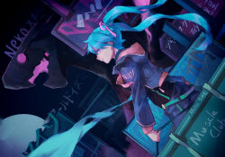  1girl aqua_eyes aqua_hair black_jacket black_shirt black_shorts city cytus cytus_ii disconnection_(artist) dutch_angle from_side giant giant_monster hatsune_miku highres jacket long_hair pink_trim shirt shorts twintails very_long_hair vocaloid 