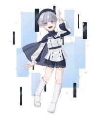  1girl absurdres alternate_costume beret blue_cape blue_hat blue_necktie blue_shorts boots cape commentary_request deemo_ii echo_(deemo) grey_hair h_hiems hat highres knee_boots korean_commentary necktie shirt short_hair shorts side_cape solo violet_eyes white_boots white_shirt 