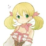  1girl atelier_(series) atelier_rorona ayu_(mog) bare_shoulders blonde_hair breasts cleavage detached_sleeves green_eyes hair_ribbon lionela_heinze ribbon solo sweatdrop twintails wavy_mouth 