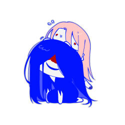  1boy 1girl adashino_adami bbabbamis2 blood blood_on_face blue_hair blue_kimono chibi commentary_request full_body highres homicipher japanese_clothes kimono korean_commentary long_hair mr._crawling on_head person_on_head pink_hair red_eyes simple_background white_background 