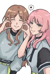 2girls bang_dream! bang_dream!_it's_mygo!!!!! black_choker blue_dress brown_hair chihaya_anon choker closed_eyes closed_mouth commentary dress grey_eyes half-heart_hands heart heart_hands heart_hands_duo highres kohinata_mika long_hair multiple_girls nagasaki_soyo photo-referenced pink_hair short_sleeves simple_background spoken_heart tateishi_rin untranslatable_commentary voice_actor_connection w_(juusepx) white_background 