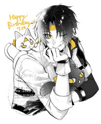  1boy asaba_harumasa asaba_harumasa_(cat) asymmetrical_gloves black_cat black_gloves black_hair cat commentary_request dated gloves happy_birthday head_rest headband highres licking_lips looking_at_viewer male_focus mismatched_gloves monochrome mu_zz_404 one_eye_closed shirt short_hair simple_background tongue tongue_out upper_body white_background white_cat white_shirt yellow_eyes yellow_headband zenless_zone_zero 
