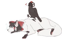  absurdres animal animal_ear_fluff animal_with_hair animalization bird black_bird blush bow brown_hair closed_eyes clothed_animal commentary_request dog frilled_bow frilled_hair_tubes frills hair_bow hair_tubes hakurei_reimu hat highres long_hair musical_note no_humans pom_pom_(clothes) red_bow red_hat shameimaru_aya shameimaru_aya_(crow) simple_background sleeping tktkhappymchyru tokin_hat touhou white_background 