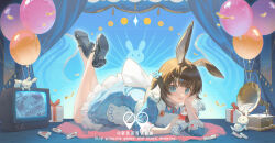  1girl :d absurdres amiya_(arknights) animal_ears apron arknights balloon black_shoes blue_bow blue_dress blue_eyes bow box brown_hair candy chinese_commentary commentary_request crt curtains dress english_text food frilled_dress frills full_body gift gift_box hair_bow head_on_hand head_rest highres kei_kei_(854174652) light_particles looking_at_viewer lying no_socks official_alternate_costume on_stomach open_mouth phonograph plaid_clothes plaid_dress shoe_soles shoes short_hair smile solo stuffed_animal stuffed_toy television the_pose watermark white_apron white_rabbit_candy yellow_pupils 