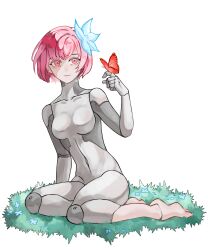  1girl absurdres android blue_flower bug butterfly cytus cytus_ii flower grass h_hiems hair_flower hair_ornament highres metal_skin navel pink_eyes pink_hair red_butterfly sitting skin_seams solo vanessa_(cytus) white_background yokozuwari 