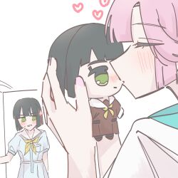  2girls anyoji_hime black_hair blue_dress blunt_bangs blunt_ends blush bob_cut breast_pocket brown_dress character_doll doll dress flower flower_knot green_eyes hair_flower hair_ornament hasu_no_sora_school_uniform heart highres hood hood_down hooded_jacket jacket kyurumaru long_sleeves love_live! love_live!_hasu_no_sora_jogakuin_school_idol_club meme_request mihasu_ll momose_ginko multiple_girls neckerchief nose_blush pink_hair pocket puffy_short_sleeves puffy_sleeves sailor_collar sailor_dress school_uniform short_hair short_sleeves summer_uniform virtual_youtuber walk-in white_jacket white_sailor_collar winter_uniform yellow_neckerchief yuri 