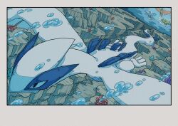  absurdres animal_focus articuno bird black_border border fiery_tail fiery_wings fire flame-tipped_tail highres lugia moltres no_humans ocean onamuzi_illust pokemon pokemon_(creature) pokemon_focus simple_background tail underwater water wings zapdos 