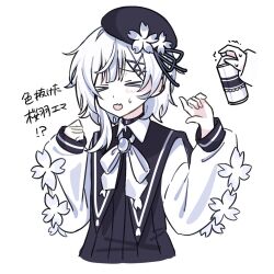  >_< 2girls alternate_hair_color beret black_choker black_coat black_hat choker coat collared_coat flower flower-trimmed_sleeves hair_flower hair_ornament hat hat_flower hat_ribbon holding holding_spray_can jogasaki_noah long_sleeves mahou_shoujo_no_majo_saiban multiple_girls mumesan2 neck_ribbon open_mouth ribbon sakuraba_ema shirt short_hair simple_background sleeveless sleeveless_coat solo_focus spray_can translation_request upper_body white_background white_flower white_hair white_ribbon white_shirt white_sleeves x_hair_ornament 