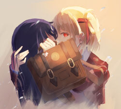  2girls absurdres animal_charm bag bag_charm blonde_hair bob_cut bright_pupils brown_background brown_bag charm_(object) commentary_request covered_mouth hair_ribbon hand_on_another's_head highres holding holding_bag implied_kiss inoue_takina long_hair looking_at_viewer lycoris_recoil lycoris_uniform mm_pen_01 multiple_girls nishikigi_chisato purple_hair red_eyes red_ribbon red_shirt ribbon shirt short_hair sideways_glance straight_hair upper_body white_pupils yuri 