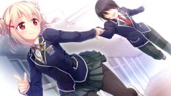  1boy 1girl amakusa_tobari black_hair black_pantyhose blonde_hair blue_jacket buttons ceiling closed_mouth collared_shirt day double-breasted double_bun dress_shirt dutch_angle emblem faceless faceless_male game_asset grabbing_another's_hand green_pants green_skirt hair_between_eyes hair_bun hair_ornament hallway indoors jacket long_hair long_sleeves looking_at_another miniskirt neck_ribbon necktie non-web_source official_art omokage_~ecchi_na_happening!?_nandemo_dontokoi!~ open_mouth pants pantyhose plaid_clothes pleated_skirt pointing red_eyes red_necktie ribbon running school_uniform shirt shoes skirt suzu_hinami uwabaki white_shirt white_shoes wing_collar x_hair_ornament yellow_ribbon 