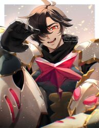  1boy ahoge armor black_armor black_gloves black_hair brown_hair gloves granblue_fantasy hair_over_one_eye helmet kogome_(azalea4) looking_at_viewer male_focus nicholas_(granblue_fantasy) open_mouth red_eyes short_hair shoulder_armor shoulder_pads sitting smile solo star_(symbol) teeth tokusatsu twitter_username 