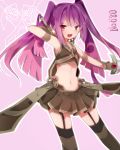  1girl doublade gloves highres midriff multicolored_hair navel personification pink_eyes pink_hair pokemon pokemon_(game) pokemon_xy purple_hair skirt solo sword takeshima_(nia) thighhighs twintails two-tone_hair weapon 