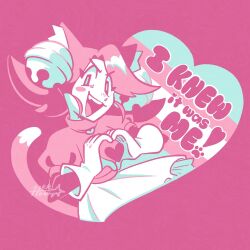  1girl alt_text animal_ears bell cat_ears cat_girl commentary english_commentary english_text gloves hair_bell hair_ornament heart heart_hands kirukrono mad_mew_mew open_mouth pink_background signature smile solo transgender_flag undertale utdr_(toby_fox) white_gloves 