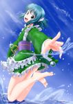  1girl alternate_form bare_legs barefoot blue_eyes blue_hair blue_sky bottomless clouds floral_print foreshortening head_fins highres japanese_clothes kimono leaping looking_at_viewer obi open_mouth outstretched_arm sachishiro_pengin short_hair sky solo splashing touhou wakasagihime water_droplets 