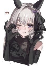  1girl animal_ears bare_shoulders black_dress black_gloves blush bow breasts commentary_request curren_chan_(ma_cherie_of_the_new_moon)_(umamusume) curren_chan_(umamusume) dress ear_covers elbow_gloves gloves grey_hair heart heart_hands highres horse_ears horse_girl kago1zq looking_at_viewer official_alternate_costume one_eye_closed parted_lips short_hair simple_background sleeveless sleeveless_dress smile solo umamusume upper_body violet_eyes wedding_dress white_background 