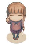  1girl bangs blunt_bangs braid brown_hair checkered checkered_skirt chibi closed_eyes colored_shadow finger_on_face horey knife madotsuki no_mouth no_nose pixelated_shadow shadow skirt solo sweater weapon yume_nikki 