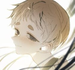  1girl adashino_adami black_eyes brown_hair commentary_request crawling highres homicipher korean_commentary looking_at_viewer looking_back portrait short_hair simple_background solo_focus sweeeet_him very_short_hair white_background 