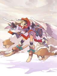  1girl akitsu_taira black_gloves black_socks boots brown_boots brown_hair clouds cloudy_sky creature detached_hood feathered_wings flying gloves grey_shirt hood hood_up kneehighs landing looking_down medium_hair original outdoors red_hood shirt shorts shorts_under_skirt skirt skis sky snow snowing socks solo white_skirt white_wings wings 