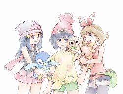  3girls :3 bag bandana beak beanie bird black_eyes black_hair black_shirt blue_eyes blue_feathers blue_hair bow_hairband brown_hair chicken fang fanny_pack feathers full_body green_bag green_shorts hair_ornament hairband hairclip hat highres hikari_(pokemon) long_hair looking_at_another looking_at_viewer may_(pokemon) multiple_girls open_mouth orange_feathers owl penguin pink_skirt piplup pokemon pokemon_(creature) pokemon_diamond/pearl/platinum pokemon_omega_ruby_and_alpha_sapphire pokemon_sun_and_moon red_bandana red_hairband red_hat red_scarf red_shirt rowlet scarf selene_(pokemon) shirt short_hair shorts simple_background skin_fang skirt sleeveless standing talons tan_carbonnn tied_shirt torchic upper_body white_background white_hat white_shorts yellow_feathers yellow_shirt 
