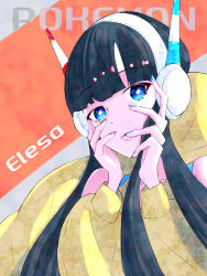  1girl absurdres black_hair blue_eyes blue_nails character_name coat commentary_request elesa_(pokemon) hands_on_own_face headphones highres huas7444_(chilioil85y) looking_at_viewer multicolored_nails pokemon pokemon_black_2_and_white_2 red_nails short_hair_with_long_locks solo yellow_coat 