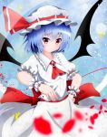  1girl ascot bat_wings blue_background blue_hair brooch fingernails floral_background hand_on_hip hat hat_ribbon highres jewelry light_particles light_smile looking_at_viewer mob_cap petals red_eyes remilia_scarlet ribbon sharp_fingernails short_hair skirt skirt_set touhou wings wrist_cuffs ymd_(holudoun) 