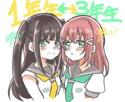  age_switch aged_down aged_up aqours_1st_years aqua_eyes black_hair blush green_eyes grey_sailor_collar hair_ornament highres kurosawa_dia kurosawa_ruby long_hair looking_at_viewer love_live! love_live!_sunshine!! mole mole_under_mouth multiple_girls open_mouth red_hair sailor_collar school_uniform serafuku shirt siblings sisters smile summer_uniform twintails two_side_up uranohoshi_school_uniform yanase_(rkrkym) 