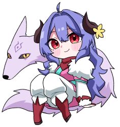  1girl ahoge alternate_eye_color blue_hair boots chibi closed_mouth curled_horns flower fur-trimmed_kimono fur_(clothing) fur_trim hair_between_eyes hair_flower hair_ornament highres horn_flower horns japanese_clothes kimono kindred_(league) lamb_(league) league_of_legends long_hair long_sleeves looking_at_viewer no_mask official_alternate_costume official_alternate_hairstyle pants purple_hair red_eyes ri_~yoku simple_background sitting smile spirit_blossom_(league) spirit_blossom_kindred white_background white_fur wolf wolf_(league) 