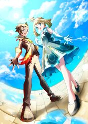  1boy 1girl absurdres after_rain black_dress black_gloves blue_sky brendan_(champion)_(pokemon) brendan_(pokemon) brown_hair commentary_request dress elbow_gloves fingerless_gloves full_body gloves hand_on_own_hip highres looking_at_viewer may_(champion)_(pokemon) may_(pokemon) official_alternate_costume pokemon pokemon_masters_ex puddle ryuya_(yreylua8n) signature sky smile standing white_gloves 