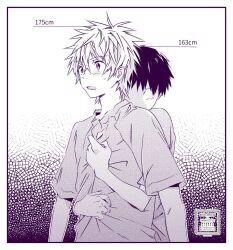  25mocoa 2boys border choppy_bangs commentary_request grey_background greyscale hug hug_from_behind ikari_shinji male_focus monochrome multiple_boys nagisa_kaworu neon_genesis_evangelion no_eyes open_mouth shirt short_hair simple_background surprise_hug surprised t-shirt upper_body watermark white_border 