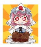  1girl blue_dress blush_stickers boned_meat byourou dress drooling food fork hat heart heart-shaped_pupils knife long_sleeves meat pink_eyes pink_hair plate saigyouji_yuyuko smile solo symbol-shaped_pupils touhou triangular_headpiece veil 