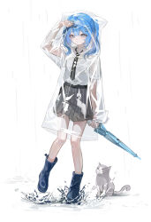  1girl absurdres aqua_umbrella arahashi_tabi arm_at_side black_necktie blue_boots blue_hair boots closed_mouth closed_umbrella cloud_hair_ornament coat collared_shirt commentary_request doa_(xmxa8422) double-parted_bangs full_body grey_skirt hair_ornament hairclip hand_up highres holding holding_umbrella hood hood_up hooded_coat korean_commentary long_sleeves looking_at_viewer medium_hair miniskirt necktie pleated_skirt rain raincoat rubber_boots see-through_clothes see-through_coat shirt shirt_tucked_in short_sleeves simple_background skirt solo splashing standing stellive straight_hair twintails umbrella variant_set virtual_youtuber water white_background white_shirt 