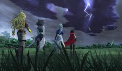  4girls ahoge animal_ears black_hair blake_belladonna blake_belladonna_(atlas) blonde_hair blue_shirt boots braid brown_boots brown_gloves brown_pants cape cat_ears cat_girl clouds cloudy_sky erin_winn fingerless_gloves from_behind gloves grass highres hood hood_down hooded_cape lightning long_hair long_sleeves mechanical_arms multicolored_hair multiple_girls official_art on_ground outdoors pants puffy_sleeves red_cape red_hair ruby_rose ruby_rose_(atlas) rwby scenery shirt short_hair single_braid single_fingerless_glove single_mechanical_arm skirt sky storm third-party_source thunderstorm tree two-tone_hair walking weiss_schnee weiss_schnee_(atlas) white_hair white_skirt wind yang_xiao_long yang_xiao_long_(atlas) 