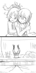  2girls :3 bow breast_grab cat daigaga hair_bow hair_ornament hairclip hug hug_from_behind inugami-ke_no_ichizoku_pose long_hair mahou_shoujo_madoka_magica miki_sayaka monochrome multiple_girls ponytail sakura_kyouko short_hair 