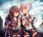  2girls ahoge aoba_(kantai_collection) brown_hair furutaka_(kantai_collection) green_eyes kantai_collection machinery makura-ko_(nacoll) multiple_girls open_mouth personification pink_hair ponytail sitting thighhighs turret wink yellow_eyes 