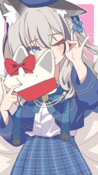  1girl absurdres animal_ear_fluff animal_ears beret black_streaks blue_bow blue_bowtie blue_hat blue_jacket blue_nails blue_skirt bow bowtie chiyu_meya cowboy_shot eyeliner fingernails fox_ears fox_girl fox_mask fox_shadow_puppet fox_tail hair_bow hand_up hat highres inari_iroha jacket light_blush long_fingernails long_hair looking_at_viewer makeup mask multicolored_hair multiple_tails noripro official_alternate_costume one_ear_down one_eye_closed pleated_skirt red_bow red_eyeliner shirt shirt_tucked_in skirt smile solo streaked_hair tail two_side_up virtual_youtuber white_shirt 