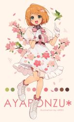  1girl :d ankle_boots arisa_(aren) artist_name ayaponzu_(shinra-bansho) bird bird_request blush boots braid character_name color_guide dress falling_petals floral_print flower flower_request foot_up_heel_up full_body gloves green_eyes hair_flower hair_ornament hand_up highres holding holding_microphone index_finger_raised layered_dress looking_at_viewer microphone official_art orange_hair petals pink_ribbon pink_socks puffy_sleeves ribbon see-through_clothes see-through_dress shinra-bansho short_hair simple_background sleeveless sleeveless_dress smile socks solo straight-on striped_ribbon white_boots white_dress white_gloves white_ribbon 