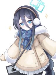  1girl absurdres aris_(blue_archive) aris_(winter)_(blue_archive) bag black_bag black_hair black_pantyhose blue_archive blue_eyes blue_halo blue_scarf blush braid braided_ponytail brown_coat brown_mittens closed_mouth coat cowboy_shot earmuffs fur-trimmed_coat fur-trimmed_sleeves fur_trim hair_between_eyes halo highres long_hair long_hair_between_eyes long_sleeves looking_at_viewer mittens pantyhose plaid_clothes plaid_scarf pleated_skirt rectangular_halo ringed_eyes scarf simple_background skirt smile solo sparkle very_long_hair white_background white_skirt yang_any_mao 
