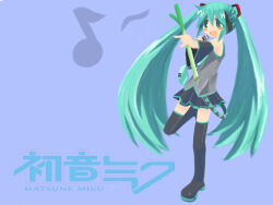  1girl :d black_boots black_skirt blue_background blue_eyes blue_hair blue_necktie boots character_name commentary_request detached_sleeves food full_body grey_shirt hatsune_miku holding holding_food holding_spring_onion holding_vegetable long_hair looking_at_viewer miniskirt musical_note necktie ofly_(ofly252) open_mouth pleated_skirt shirt simple_background skirt sleeveless sleeveless_shirt smile solo spring_onion thigh_boots twintails vegetable very_long_hair vocaloid 