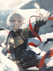  1boy ahoge angel_wings armor black_gloves breastplate feathered_wings feathers fingerless_gloves gloves granblue_fantasy grey_eyes hair_between_eyes highres kogome_(azalea4) lucifer_(shingeki_no_bahamut) male_focus multiple_wings short_hair shoulder_armor smile solo twitter_username white_feathers white_hair white_wings wings 