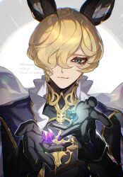  1boy animal_ears armor artist_name black_gloves blonde_hair blue_eyes cape dice erune gem gloves granblue_fantasy hair_over_one_eye kogome_(azalea4) krugne male_focus short_hair smile solo upper_body 