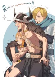  1girl 2boys black_hair blonde_hair cape curly_eyebrows d_e_r_e_l facial_hair fur-trimmed_cape fur_trim goatee hair_over_one_eye helmet highres monkey_d._luffy multiple_boys mustache_stubble nami_(one_piece) one_piece orange_hair sanji_(one_piece) scared smile stubble topless_male 