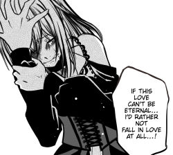  1girl bang_dream! bang_dream!_it's_mygo!!!!! clenched_teeth clothing_cutout commentary_request corset crying doloris_(bang_dream!) dress english_text greyscale hand_on_own_head highres long_hair long_sleeves misumi_uika monochrome seine_(hanamukes) shoulder_cutout simple_background solo teeth white_background 