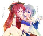  2girls armband blue_eyes blue_hair bow carrying gloves hair_bow long_hair magical_girl mahou_shoujo_madoka_magica miki_sayaka mizuki_(flowerlanguage) multiple_girls ponytail princess_carry red_eyes redhead sakura_kyouko short_hair soul_gem thighhighs wink zettai_ryouiki 